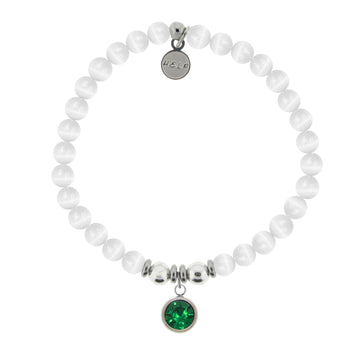 HELP Collection: Birthstone Collection - May Emerald Crystal Charm with White Cats Eye Charity Bracelet